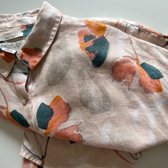 Rachel Zoe 100%‎ Linen Floral Print Button Up Shirt Size Medium Blouse Top Peach - Picture 15 of 16